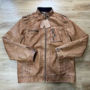 NWT NEW Dixon Men's Leather Jacket Size 4XL Brown Moto Mock Neck Zipped Pockets